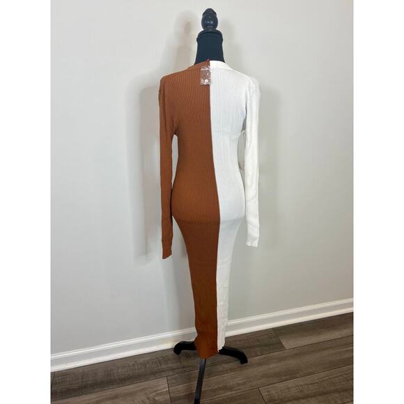 STAUD Shoko Sweater Dress Tan/White Size XL Knit Ribbed Button Front Long Sleeve - Picture 3 of 6